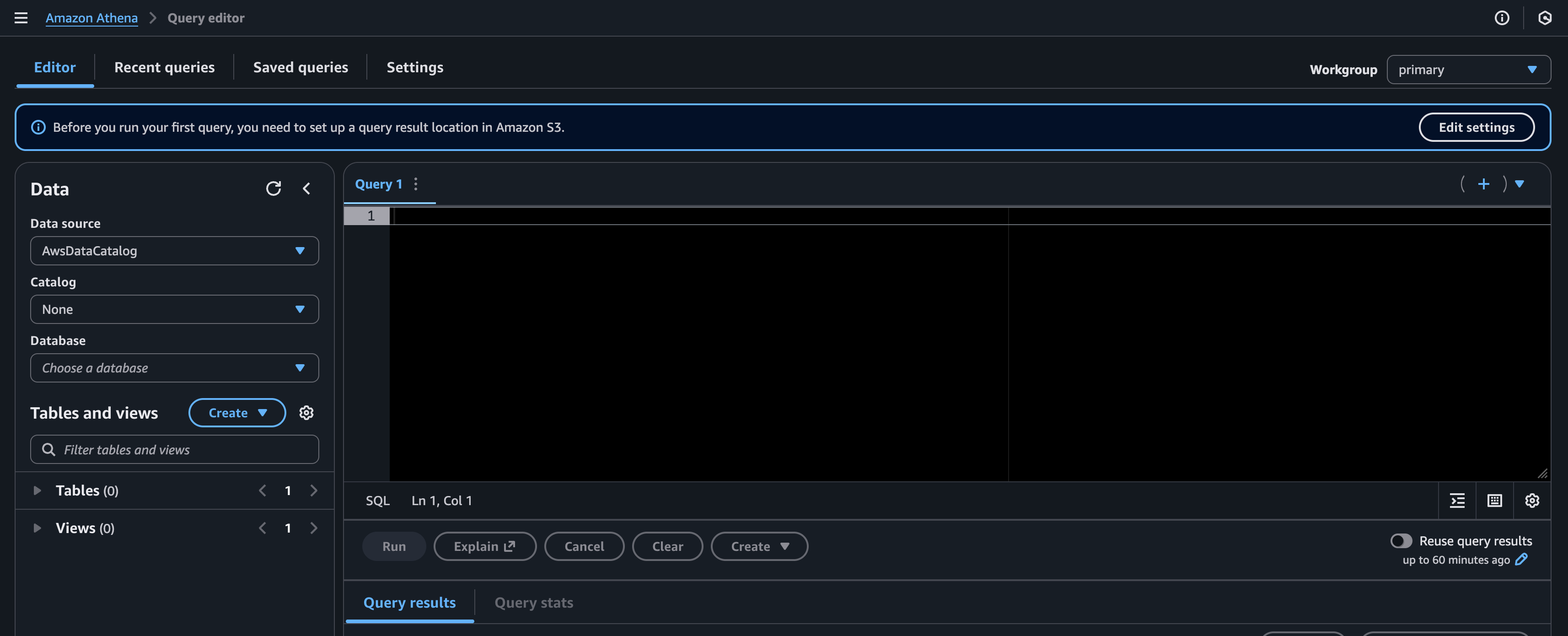 Athena console query editor