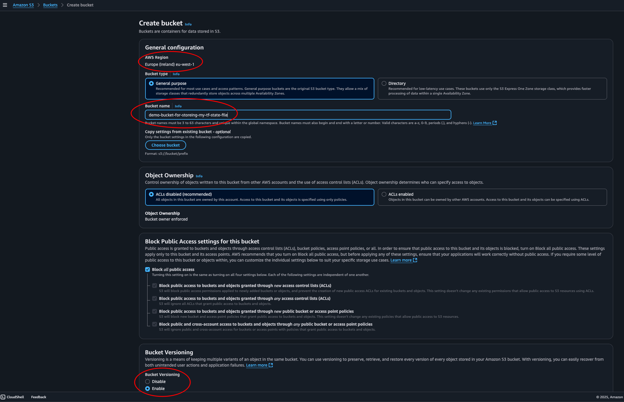 Create a bucket in the console